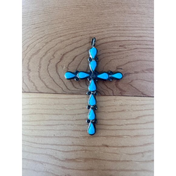 Zuni Sterling Silver Turquoise Cross Pendant - Picture 11 of 11